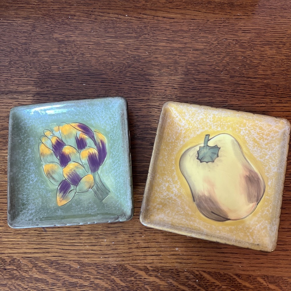 Clay Art Hand Painted Terra Toscana Artichoke And Pepper Appetizer 2 Plates 6.5"